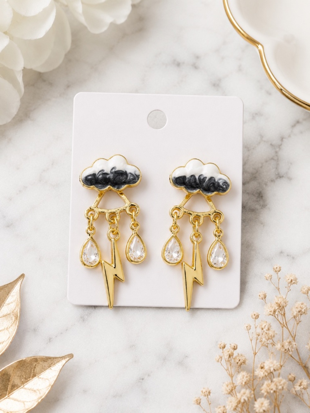 NEW Storm Cloud Lightning Dangle Post Earrings Gold White Black NWT